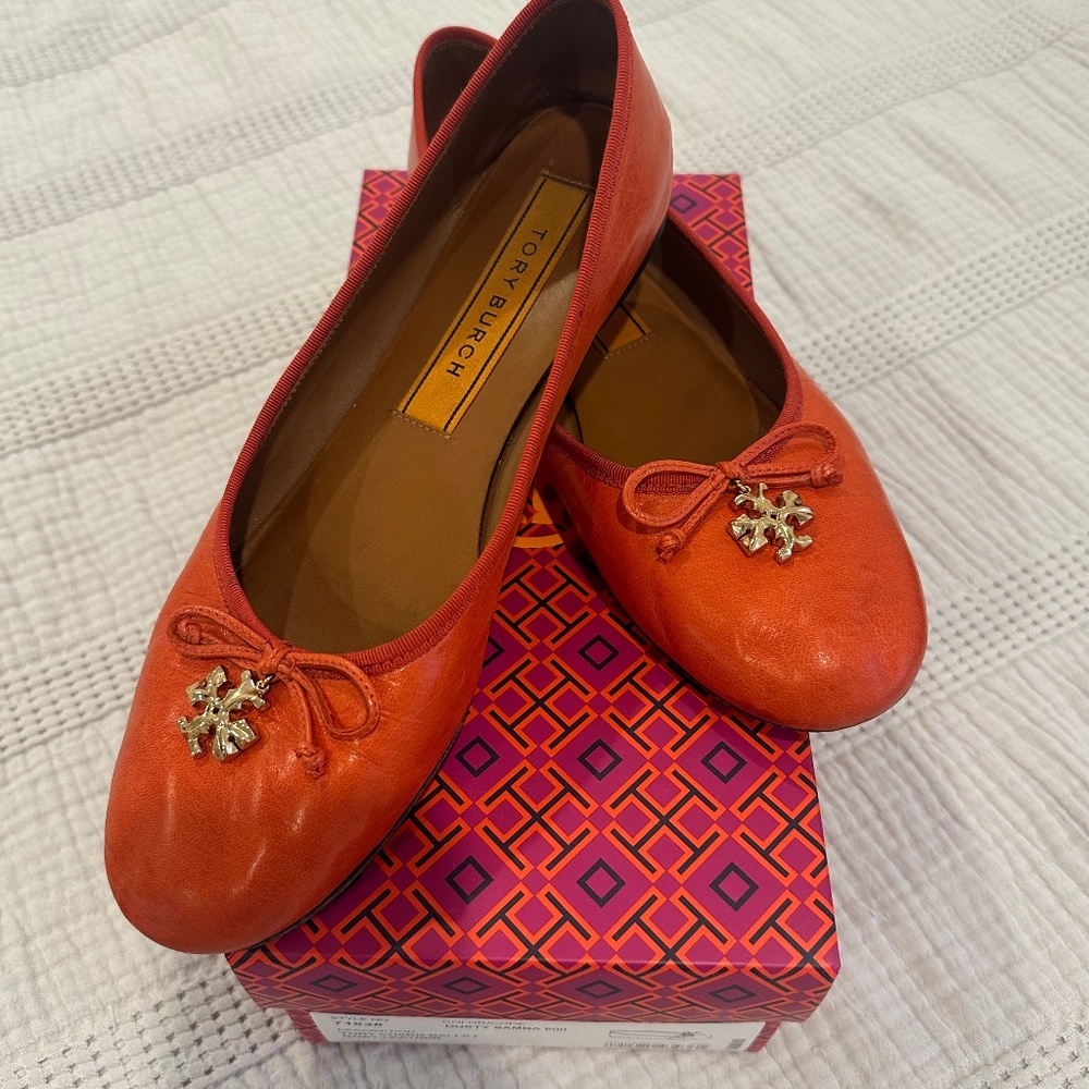 Tory Burch Orange Flats with Gold Accents
